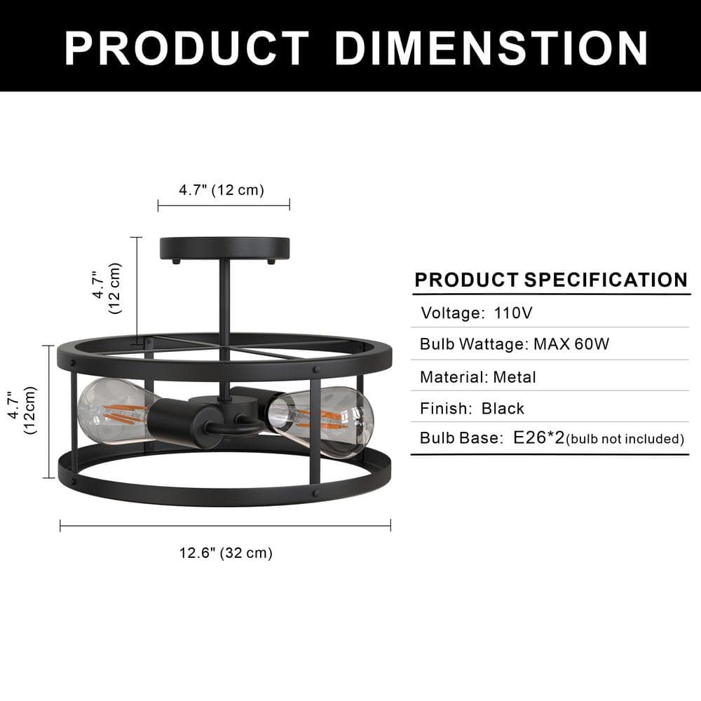 Matte Black 13" Metal Drum Flush Mount Ceiling Light