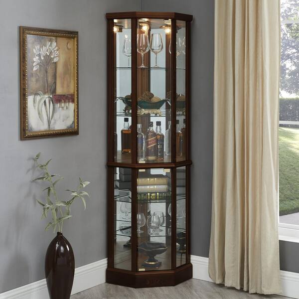 Unbranded JHCA0012 Walnut Lighted Corner Curio Cabinet With Mirror Back