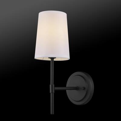 Clarissa 1-Light Matte Black Wall Sconce with White Fabric Shade