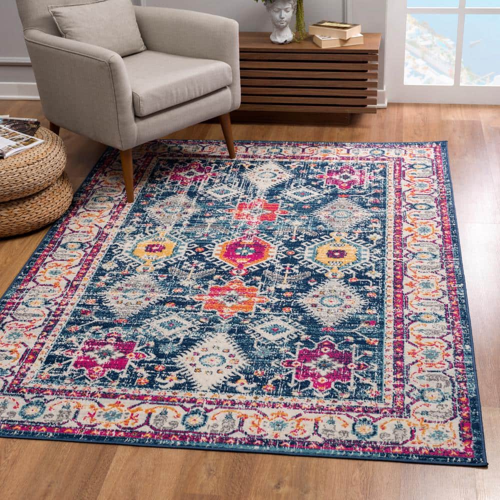 Navy and Multicolor Abstract Synthetic 5' x 7' Area Rug