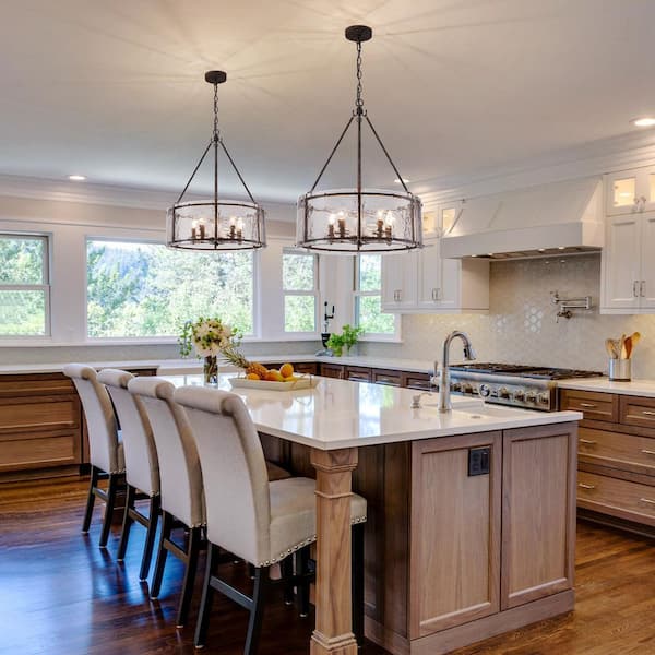 Chloe 5-Light Antique Bronze Modern Drum Chandelier Water Grained Glass