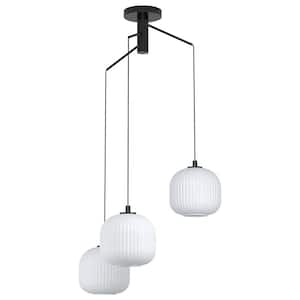 Mantunalle 24.45 in. W x 94.49 in. H 3-Light Back Staircase Statement Pendant Light with White Ribbed Glass Shades