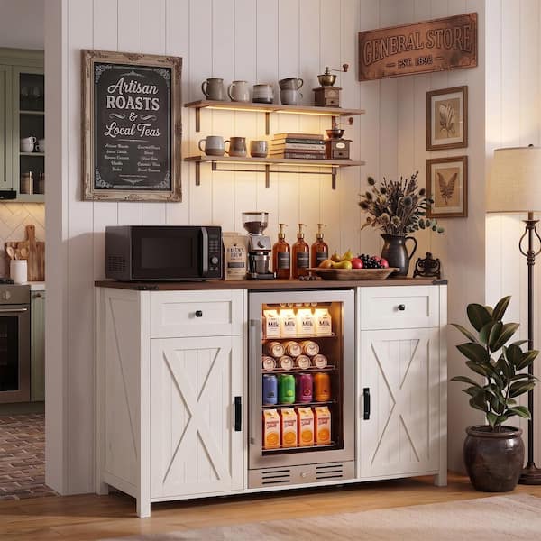 Farmhouse White 53.2 in. W Coffee Bar Cabinet with Power Outlet Wine Cabinet with Mini Fridge Space, Wine Rack