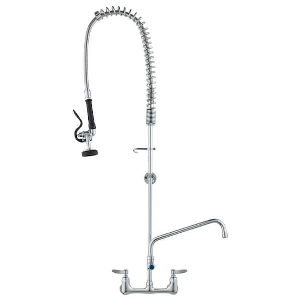 Wall-Mounted Kitchen Faucet Double Handle Pull Down Sprayer Kitchen Faucet 47 in. Tall 8 in. Apart in Silver