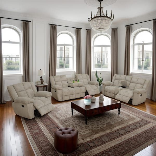 AndMakers 77.5 in. W Pillow Top Arm Corduroy Suede Rectangle Reclining Sofa in Beige