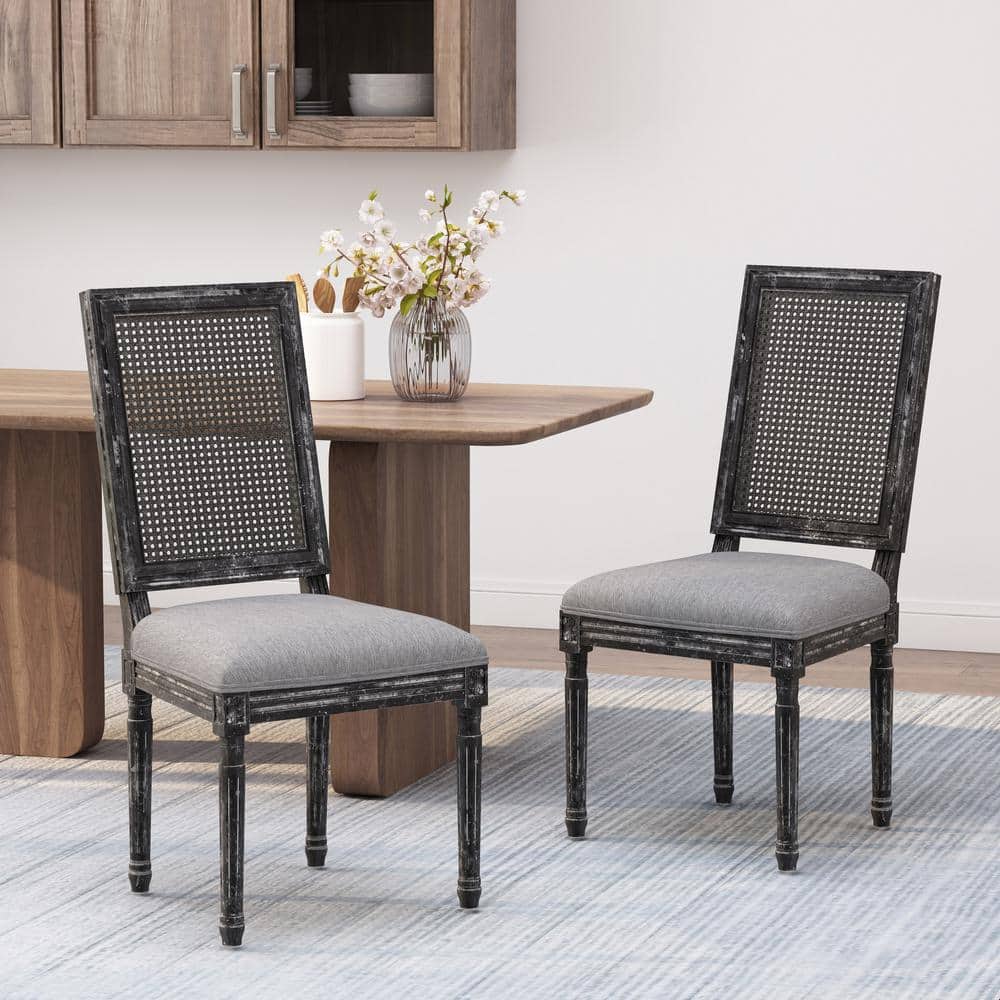 Gray Upholstered Cane Back Wood Side Chair Set