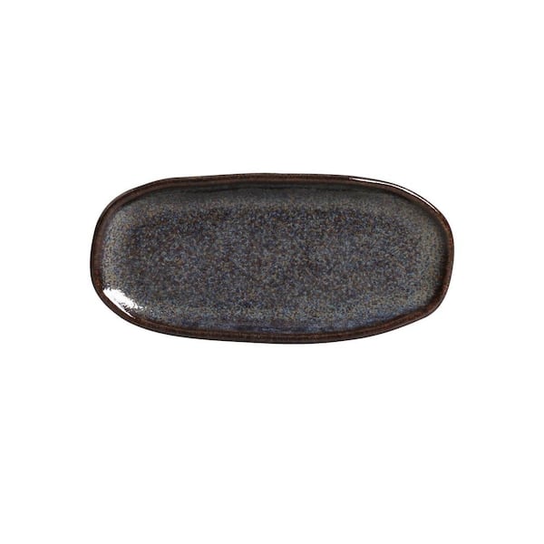 6.49 in. Titanium Dark Blue Stoneware Shallow Oval Platter Organic (Set of 4)