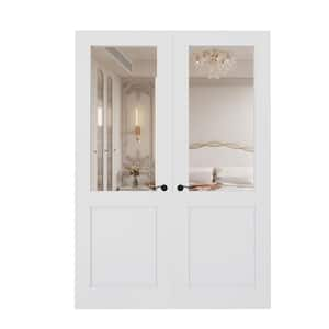 56 in. x 80 in. Half Lite Mirrored Glass Solid Core MDF White Primed Double Prehung French Door with Assemble Jamb Kit