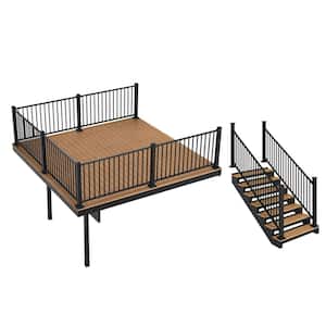 Apex Attached 12 ft. x 12 ft. Himalayan Cedar PVC Deck Kit and 7-Step Stair Kit with Steel Framing and Aluminum Railing