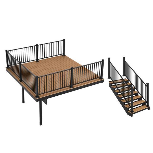 FORTRESS Apex Attached 12 ft. x 12 ft. Himalayan Cedar PVC Deck Kit and 7-Step Stair Kit with Steel Framing and Aluminum Railing