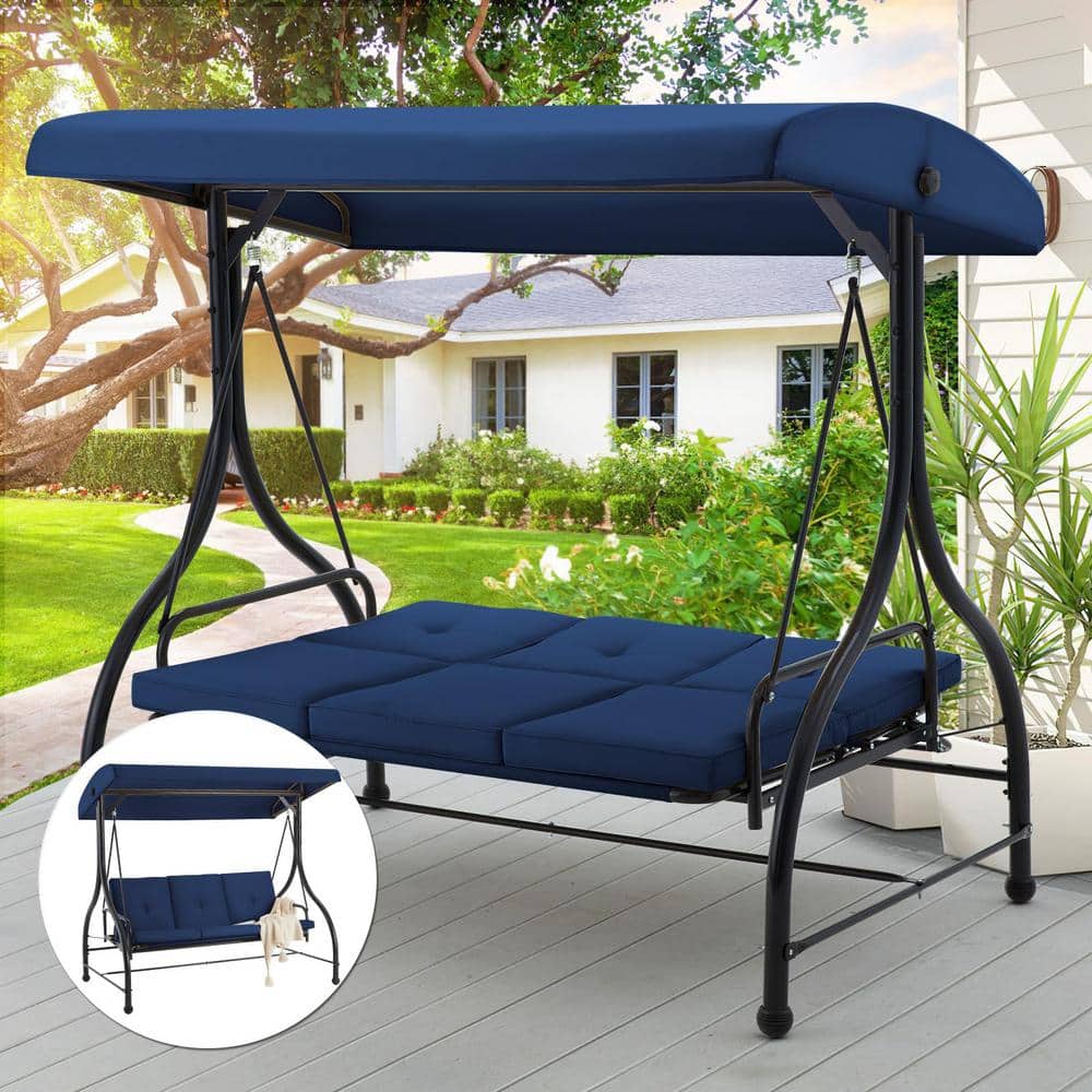 Blue Cushioned Steel Frame 3-Person Porch Swing with Adjustable Canopy