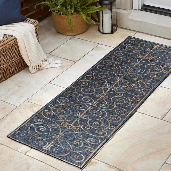 JONATHAN Y Danae Cottage Filigree Scroll Reversible Machine-Washable Cream/Navy 2 ft. x 8 ft. Indoor/Outdoor Runner Area Rug