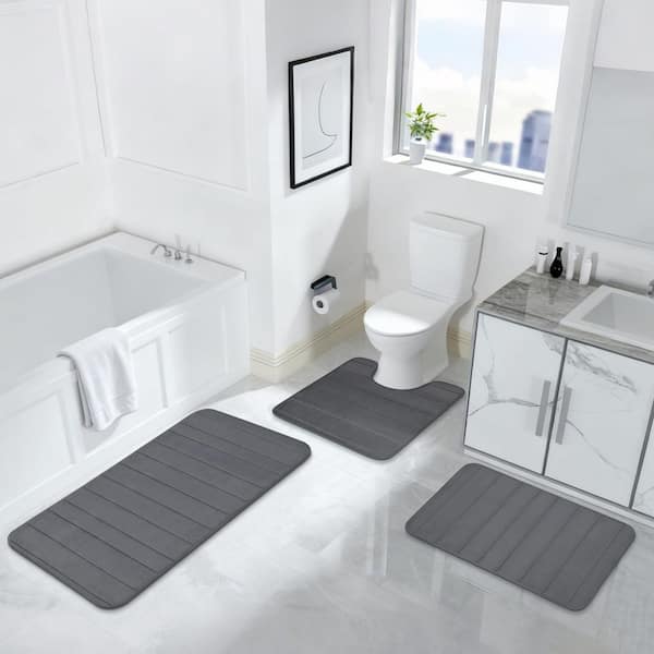 Gray 3 Piece Memory Foam Bathroom Rug Sets Absorbent Bath Mat for Bathroom Non-Slip Dry Quickly Bath Rug for Tub Toilet