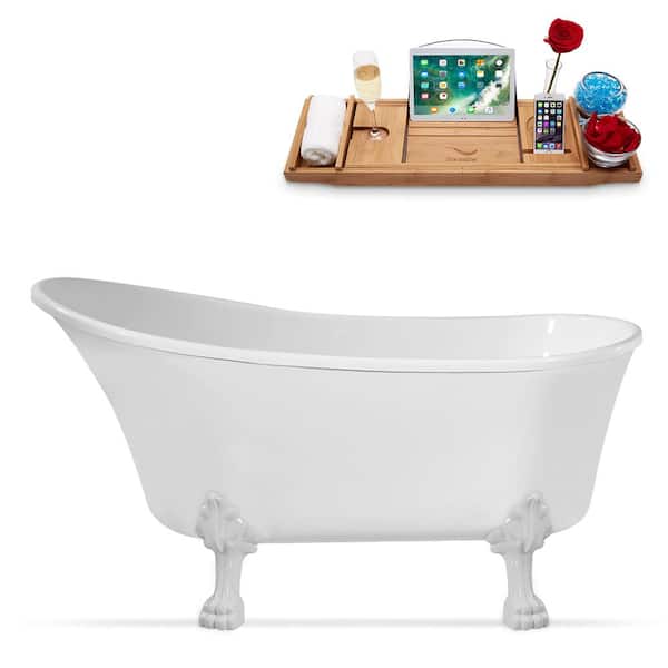 Streamline 55 in. Acrylic Clawfoot Non-Whirlpool Bathtub in Glossy White With Glossy White Clawfeet And Polished Chrome Drain