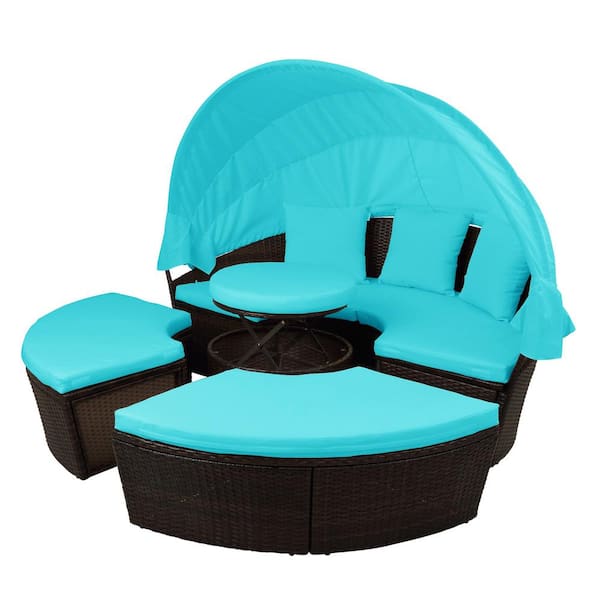 Tunearary Brown Rattan Wicker Outdoor Patio Day Bed with Blue Cushions