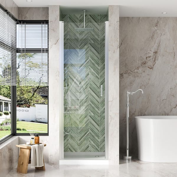 28 in. W x 72 in. H Pivot Semi-Frameless Shower Door in Chrome Finish with Clear Glass