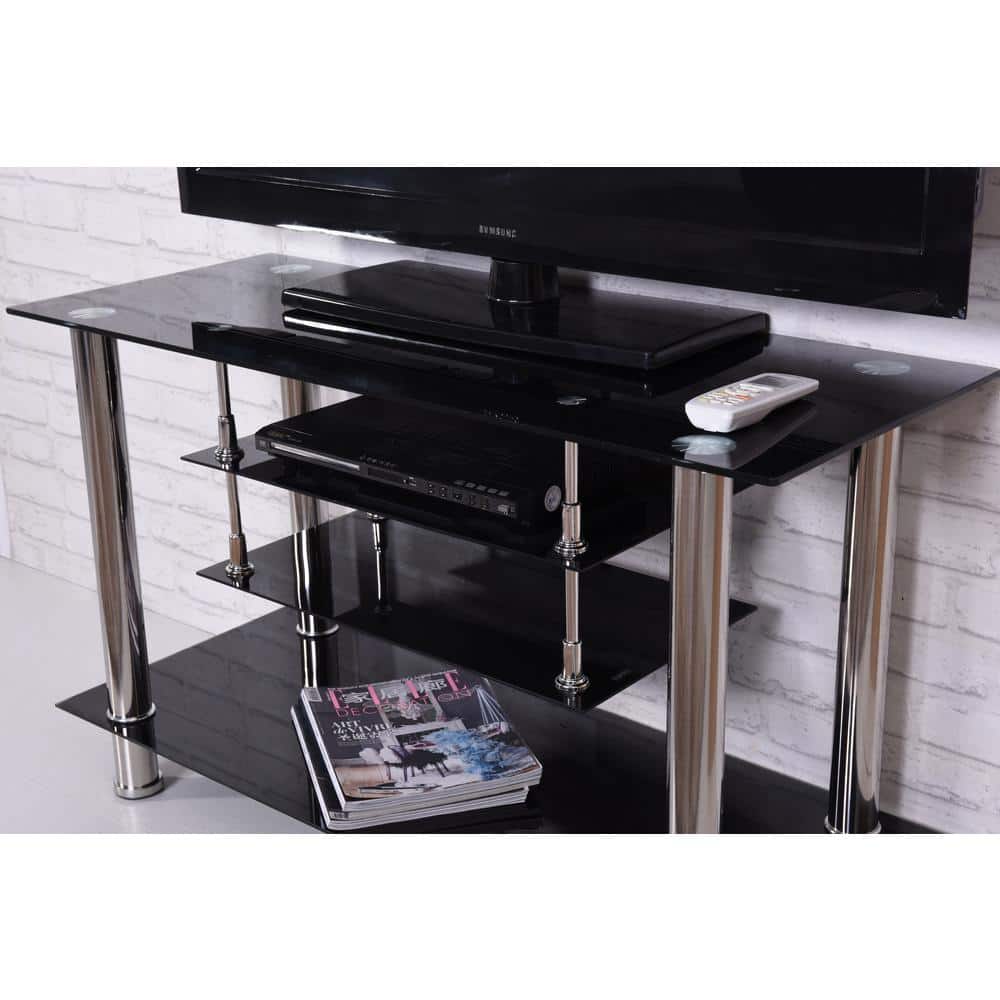 Black Tempered Glass and Metal TV Stand with Shelves