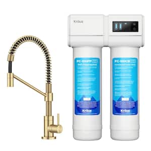 Purita 2-Stage Under-Sink Filtration System with Bolden Single Handle Drinking Water Filter Faucet in Brushed Brass