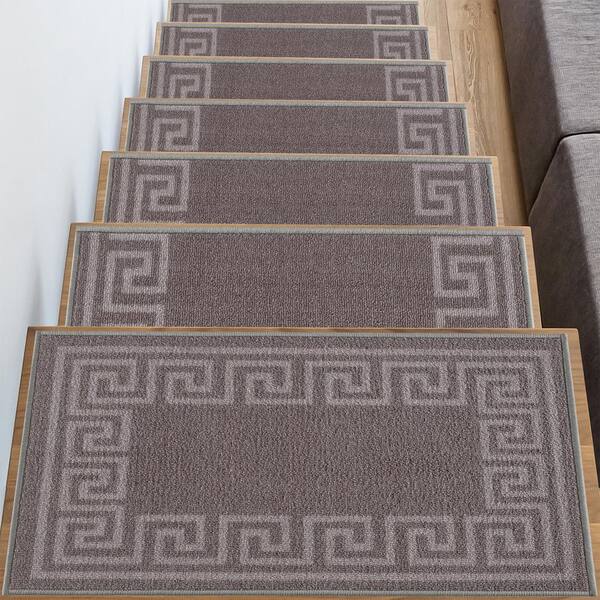 Greek Key Gray 8.5 in. x 26 in. Polyamide Stair Tread Cover (Set of 3)