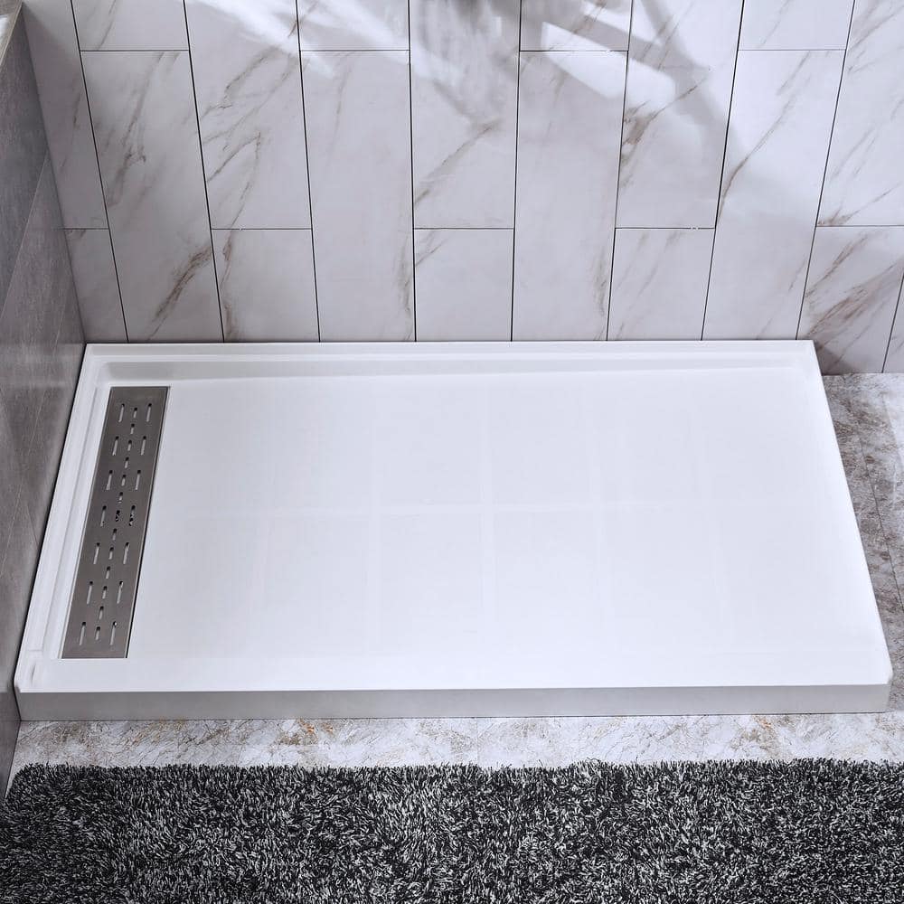 Ella Basic 37 in. x 48 in. x 80 in. AcrylX 1-Piece Low Threshold Shower Wall and Shower Pan in White, Center Drain, LHS Seat