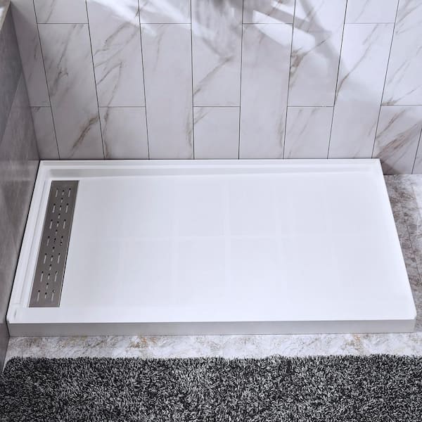 WOODBRIDGE Rothbury 48 in. x 32 in. Solid Surface Single Threshold Left Drain Shower Pan with Stainless Steel Linear Cover in White