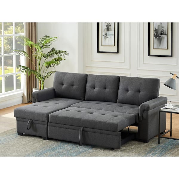 SIMPLE RELAX 84 in. W Linen Reversible Sleeper Sectional Sofa with Storage  Chaise in Dark Gray SR0581342 - The Home Depot