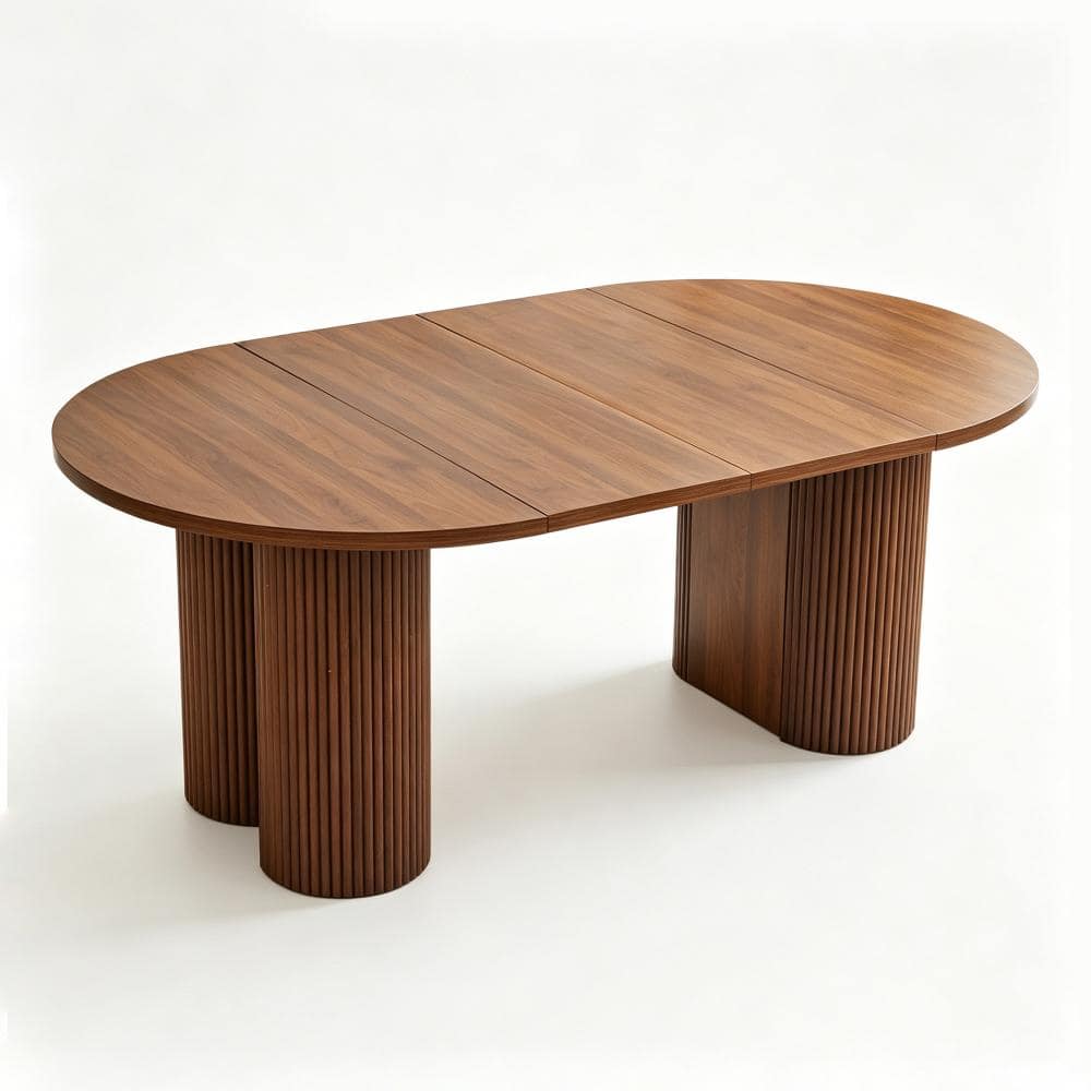 43.31"‑74.8" Walnut Expandable Round Dining Table, Fluted Pedestal Legs, Extendable Table Seats 2‑8