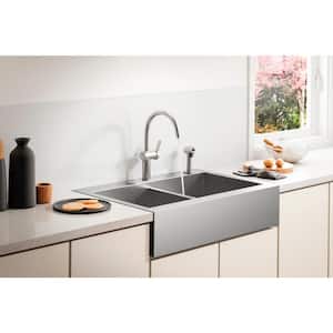 Vault Drop-In Farmhouse Apron Front Self-Trimming Stainless Steel 36 in. 4-Hole Double Bowl Kitchen Sink