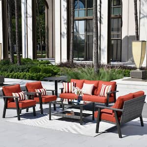 Walden Grey 5-Piece Wicker Metal Outdoor Patio Conversation Sofa Set with a Coffee Table and Orange Red Cushions