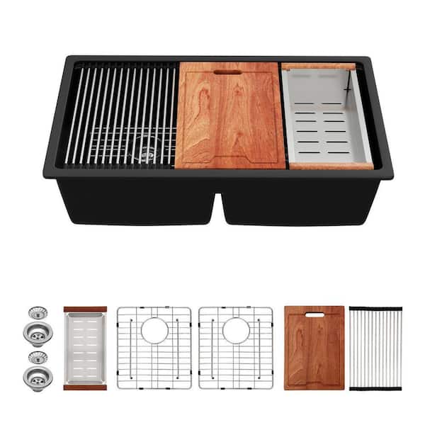 33 in. Matte Black Undermount Sink Low Divide Double Bowl 50/50 Quartz/Granite Composite Workstation Kitchen Sink