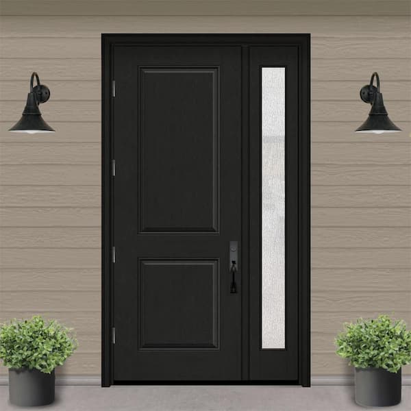 Regency 53 in. x 96 in. 2P Squaretop RHOS Onyx Stain Mahogany Fiberglass Prehung Front Door with Rain 14 in. SL 4-9/16