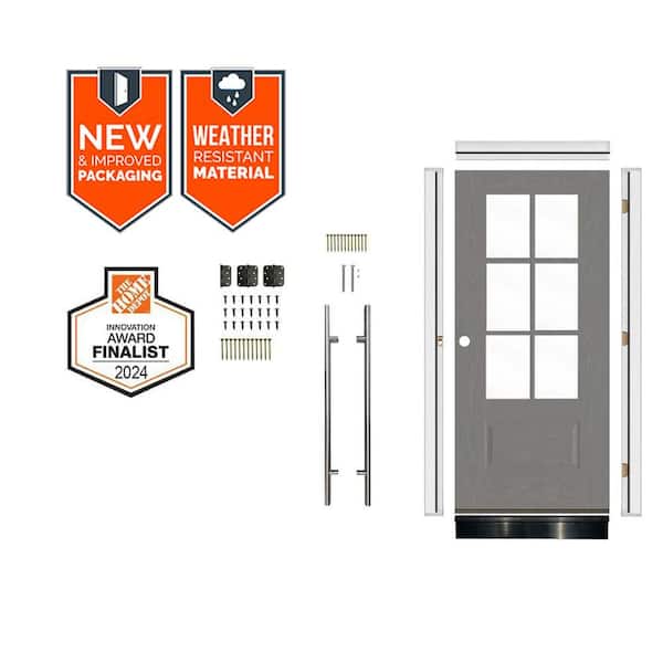 Faux Pivot 36x79 in. 6-Lite RH Clear Glass MalibuGrey Stain Fiberglass AssemblyRequired FrontDoorKit w/QuickAssembleJamb