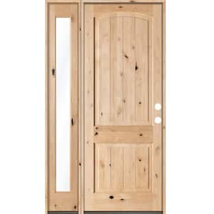 44 in. x 96 in. Rustic Unfinished Knotty Alder Arch Top VG Left-Hand Left Full Sidelite Clear Glass Prehung Front Door