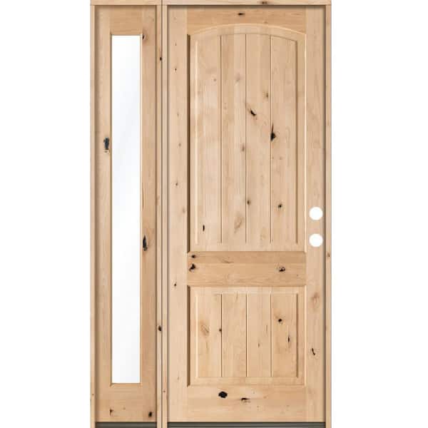 Krosswood Doors 44 in. x 96 in. Rustic Unfinished Knotty Alder Arch Top VG Left-Hand Left Full Sidelite Clear Glass Prehung Front Door