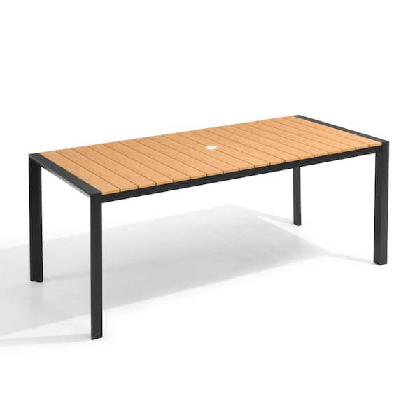 Brown 71 in. Rectangular Aluminum Patio Outdoor Dining Table with Wood-Like Tabletop and Umbrella Hole