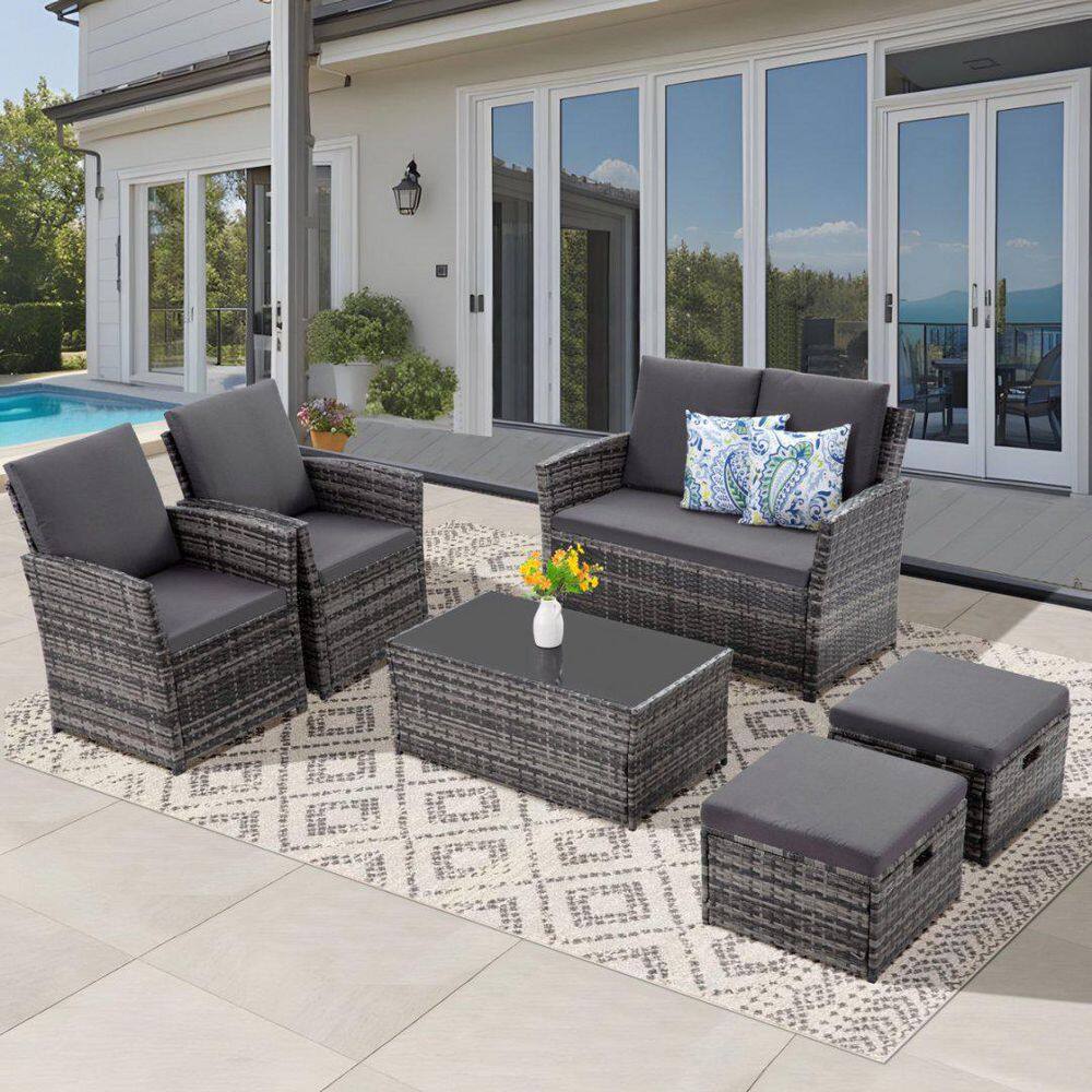 Gray Wicker 6-Piece Outdoor Patio Sectional Conversation Seating Set with Gray Cushions and Ottoman price history on PriceWatchPro