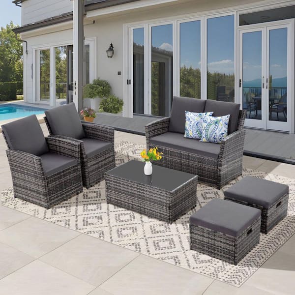 MIRAFIT Gray Wicker 6-Piece Outdoor Patio Sectional Conversation Seating Set with Gray Cushions and Ottoman