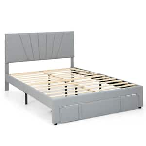 Gray Wood Frame Queen Upholstered Platform Bed with Drawer Adjustable Headboard