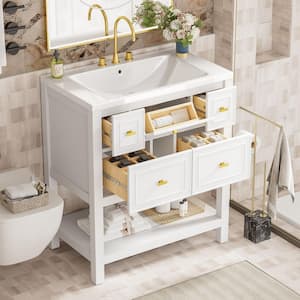 29.56 in. W x 17.79 in. D x 33 in. H Single Sink Freestanding Bath Vanity in White with White Resin Top and Storage