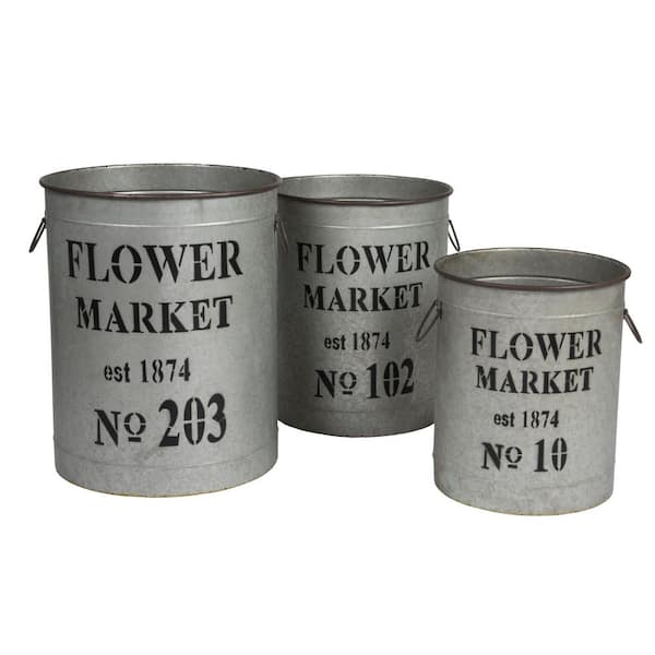 Storied Home Metal Flower Market Buckets with Handles (Set of 3)