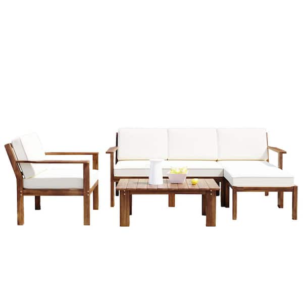 Unbranded U_Style Multi-person Wood Outdoor Sectional Set and Coffee Table for Garden Balcony Poolside Outdoor with Beige Cushions