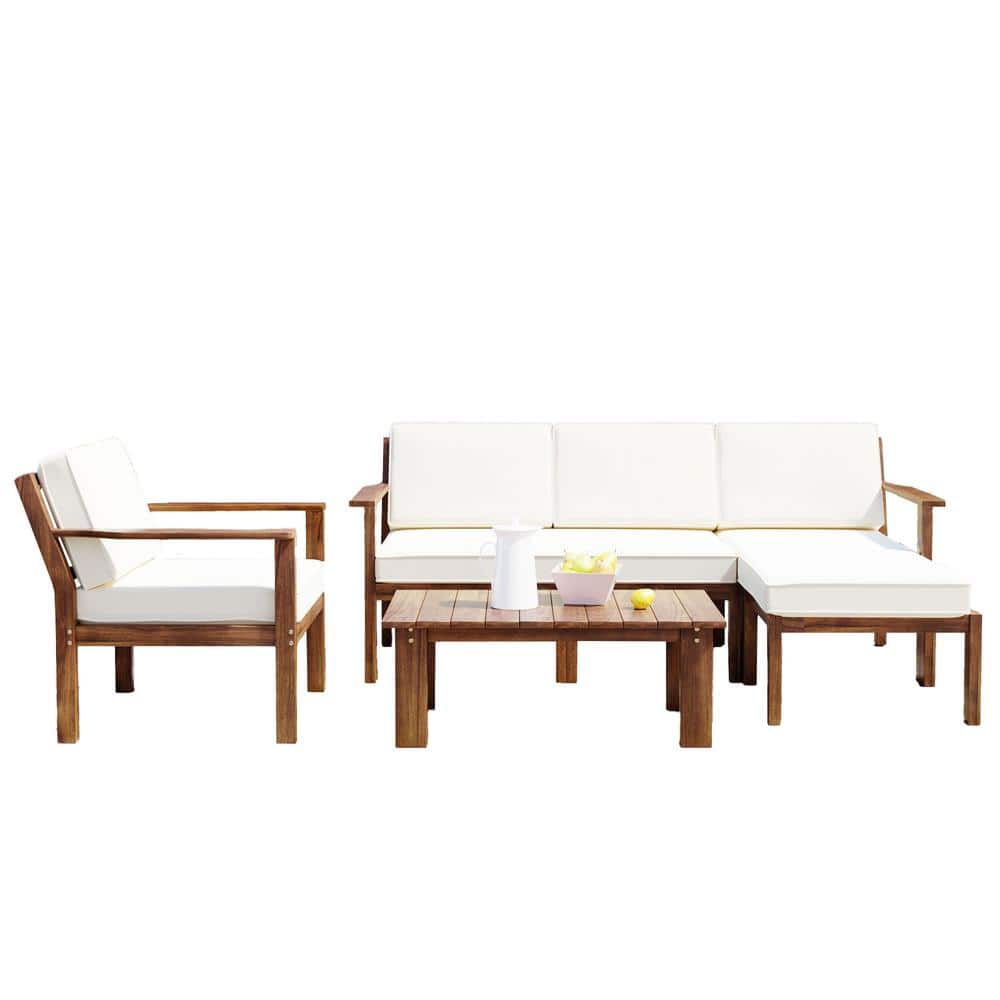 6-Pieces Wood Outdoor Sectional Set and Coffee Table for Garden Balcony Poo