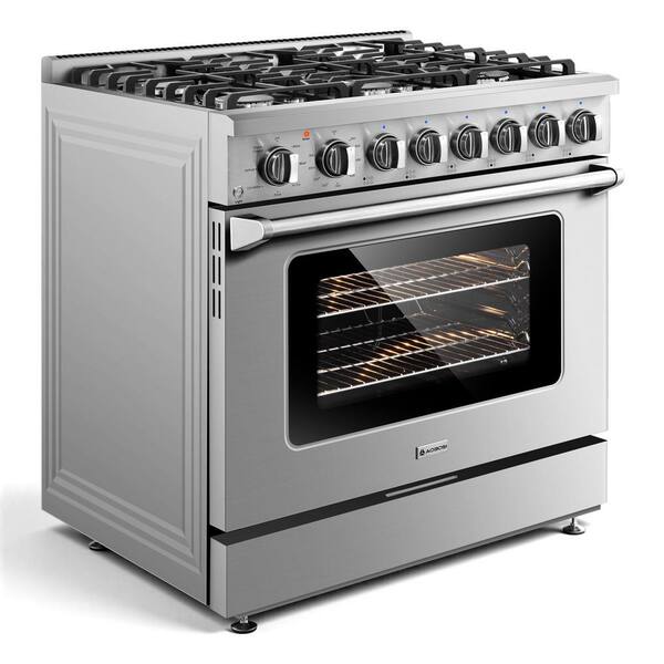 36 in. Gas Range Oven with 6 Cooktop Burners in Stainless Steel, 6 cu. ft. Convection Oven w/Air Fryer and Halogen Light