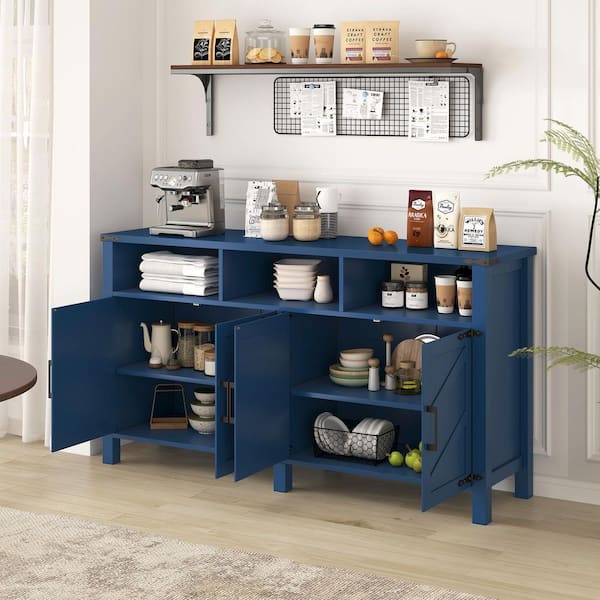 Navy Blue Particle Board 59 in. W Sideboard Buffet with Cabinet, Power Outlets, USB Ports and Adjustable Shelves