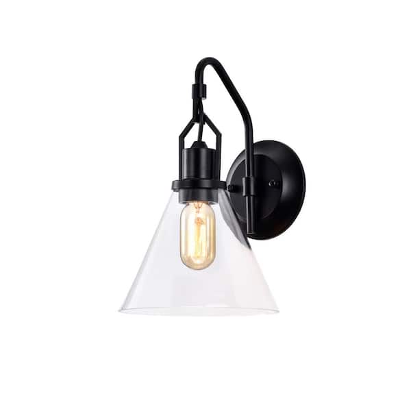 Edvivi Aria 8 in. 1-Light Matte Black Indoor Wall Sconce with Cone Glass Shade