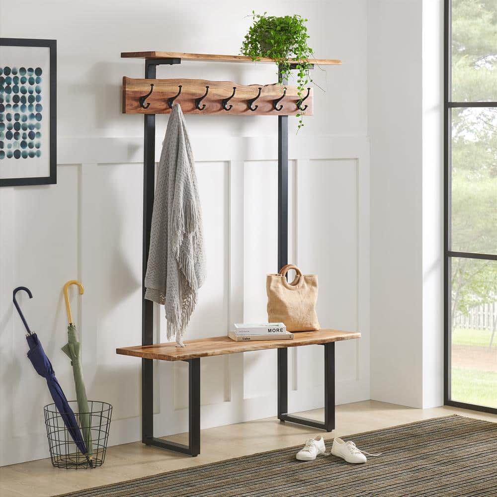 Natural Acacia Wood Hall Tree with Metal Hooks and Shelves