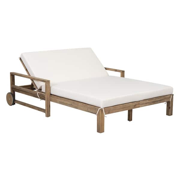 Sudzendf 1-Piece Farmhouse-styled Wood Outdoor Day Bed Sunbed with Beige Cushions, Seating 2 People