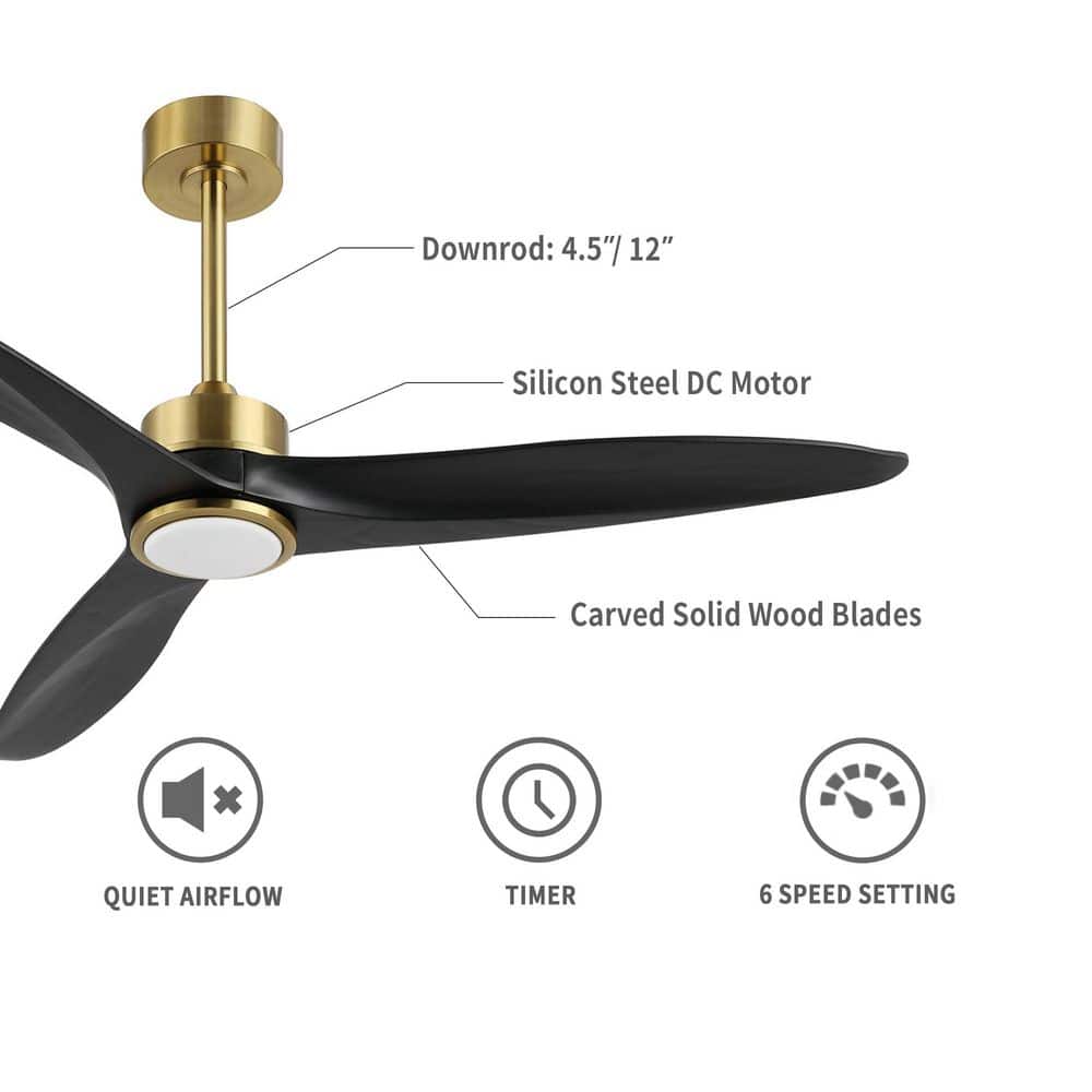 52-Inch Black and Gold Modern Ceiling Fan with LED Light and Remote