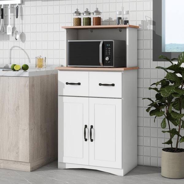 FUNKOL 23.62 in. x 15.75 in. x 49.41 in. 4-Layer White MDF Ready to Assemble Kitchen Cabinet w/Microwave Cabinet and 2-Drawers