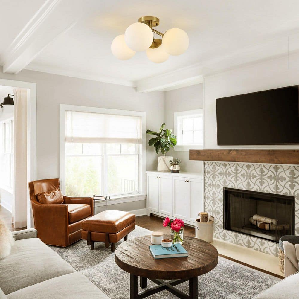 19.69 in. 4-Light Brass Mid Century Sputnik Semi Flush Mount Ceiling Light with Milk White Globe Glass Shade for Bedroom price history on PriceWatchPro